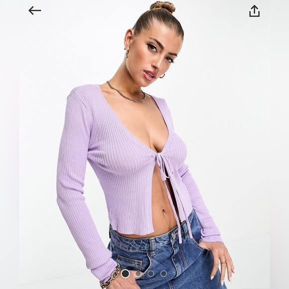 Ribbed Cropped Cardigan with Tie Front​ - Picture 3 of 5